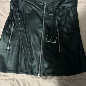 Faux Leather Black Zipper Skirt with Belt